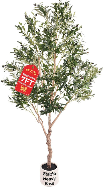 Large Olive Trees Artificial Indoor, Upgraded 7FT Faux Olive Tree with Natural Wood Trunk and Lifelike Fruits, White
