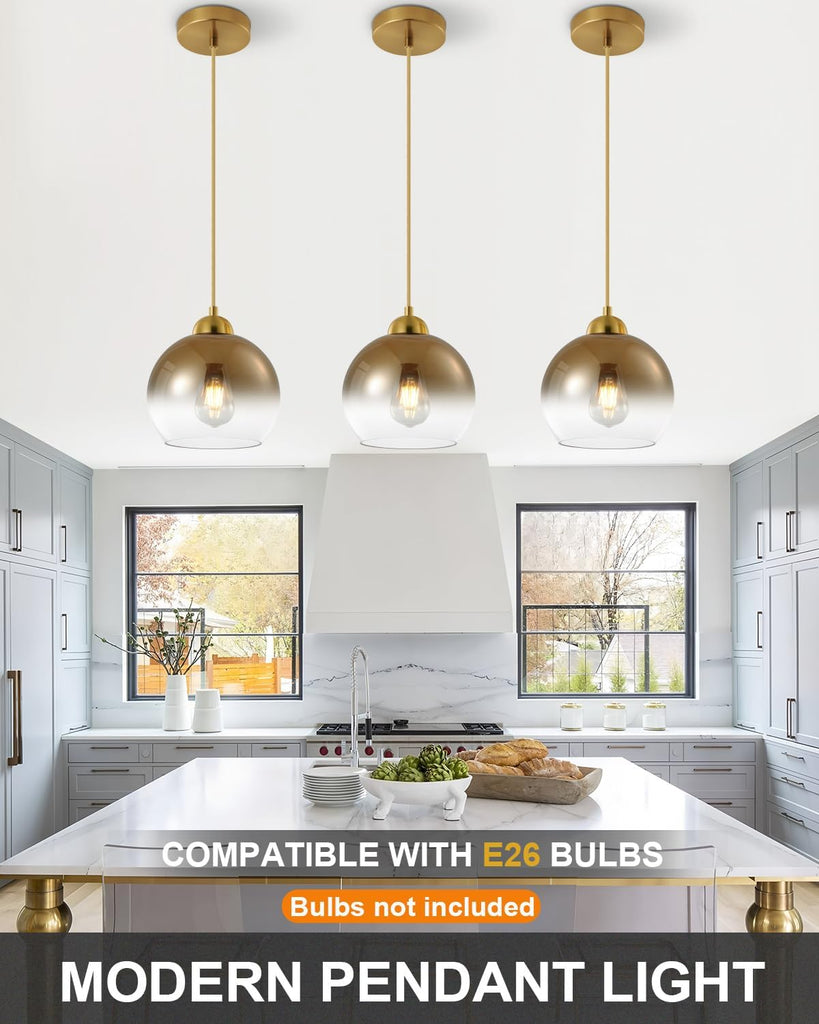 Modern Gradient Gold Glass Pendant Light，7.8-Inch Globe Adjustable Hanging Pendant Light for Bedroom Kitchen Island
