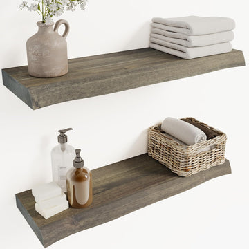24'' Live Edge Floating Shelves for Wall, Acacia Wood Wall Mounted Shelves with Invisible Brackets, Rustic Wooden