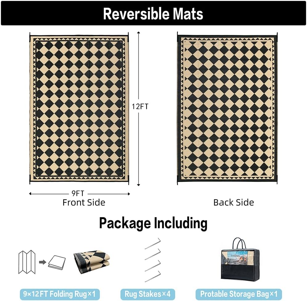 9x12 Black Beige Checkered Waterproof Outdoor Rug