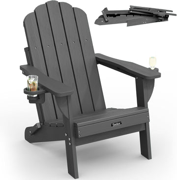 Folding Adirondack Chair, All-Weather HDPE Plastic Patio Chair with 2 Cup Holders, Wooden Textured Lawn Chair