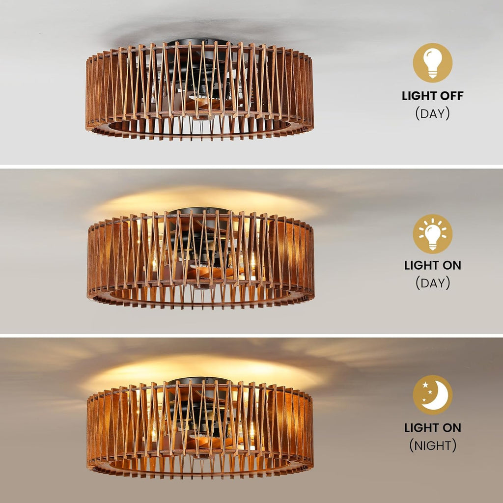 20" Flush Mount Caged Ceiling Fan with Light, Farmhouse Low Profile Ceiling Fan with Remote