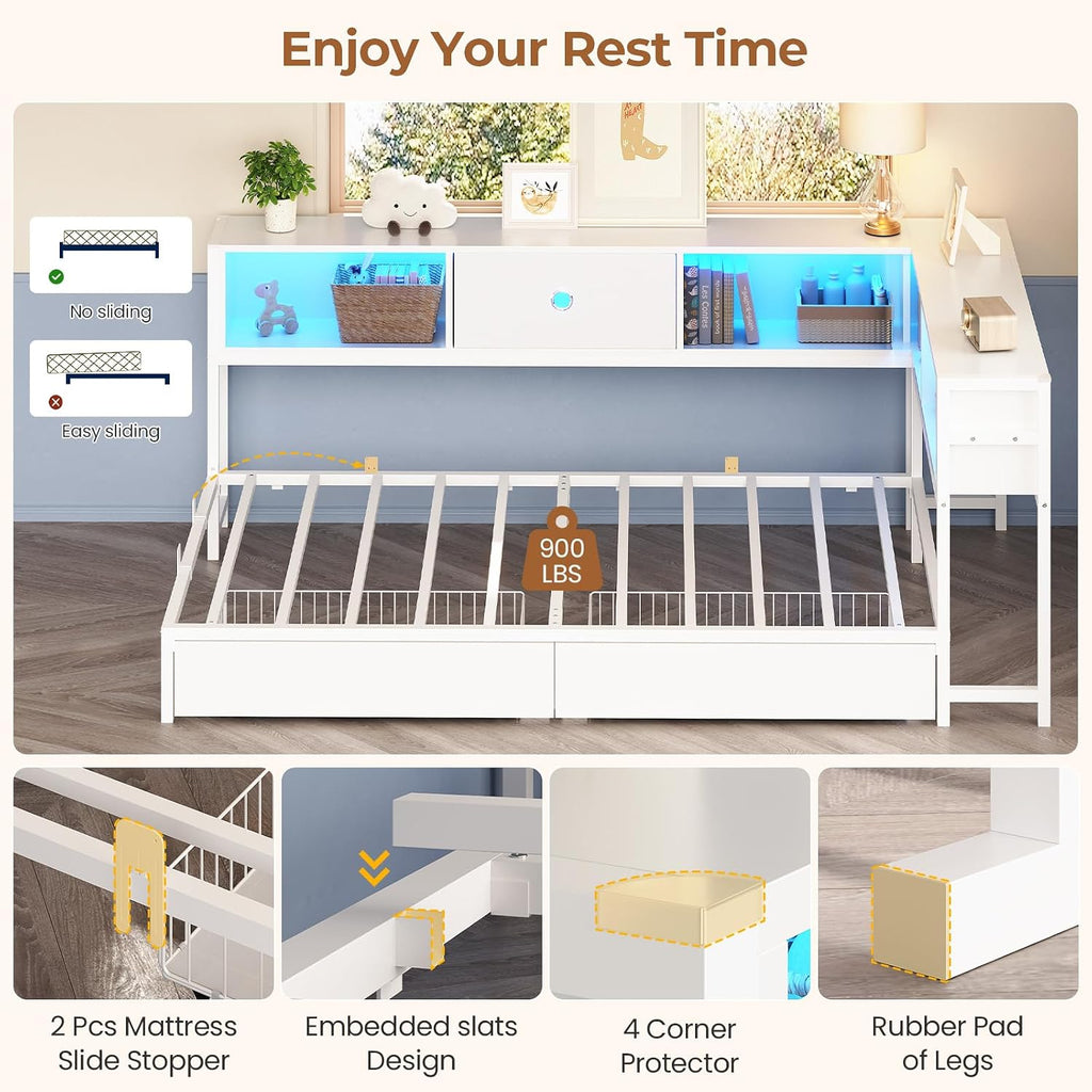 Corner Twin Bed Frame with Storage Drawers and Bookcase Headboard, Twin Size Metal Platform Corner Bed Frame with