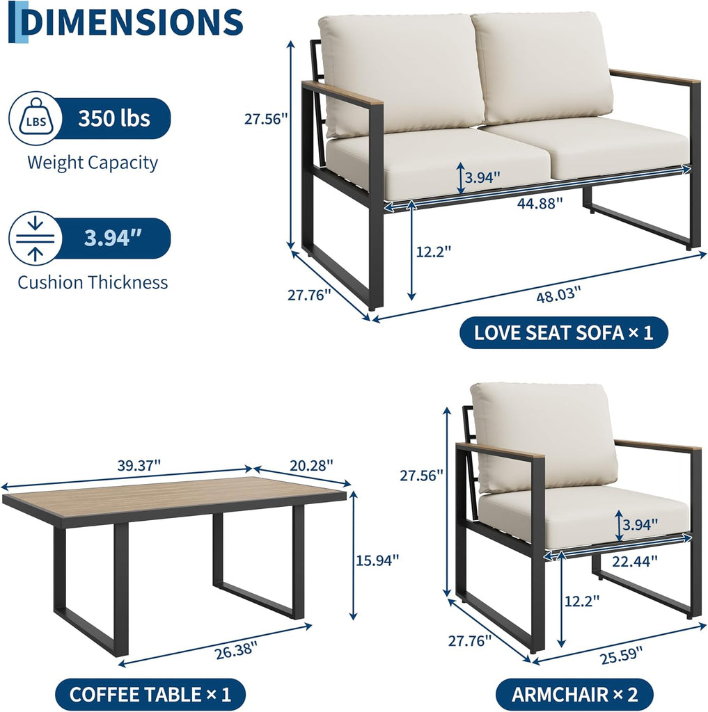 Outdoor Patio Furniture Set, 4-Piece Outdoor Conversation Sofa Set, Lawn Furniture with Coffee Table & Washable Thick