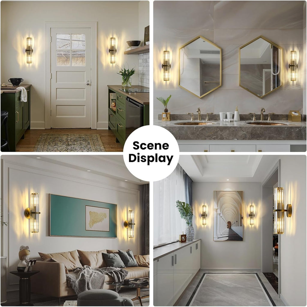 Crystal Wall Sconce Set of 2, Gold Crystal Bathroom Wall Light, Modern Sconces Wall Decor 2-Light Luxury Indoor Wall