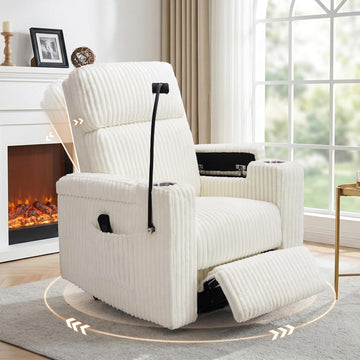 Power Recliner Rocking Chair Nursery, Swivel Glider, White | Premium Corduroy Rocker with USB-A & USB-C Ports, Arm