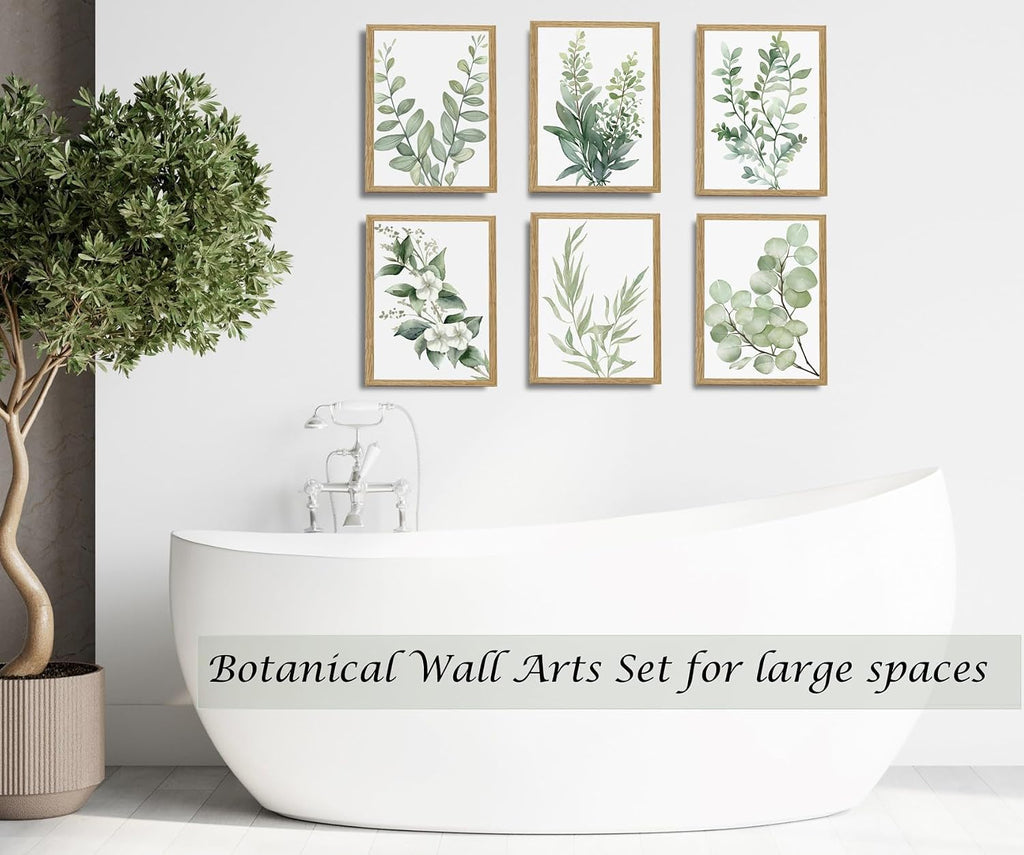 Framed Eucalyptus Sage Green Botanical Plant Wall Art Canvas Decor Set of 6, Leaves Prints Posters, Flower Wall Art