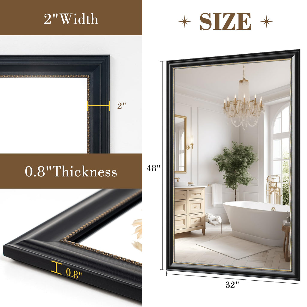 32x48 Rectangular Wall Mirror, Decorative Bathroom Mirror, Traditional Vintage Wall Mounted Mirror with Beaded Frame