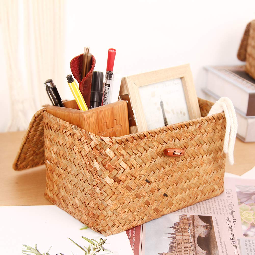 Mini Wicker Shelf Storage Baskets with Lid, Set of 3, (S/M/L)