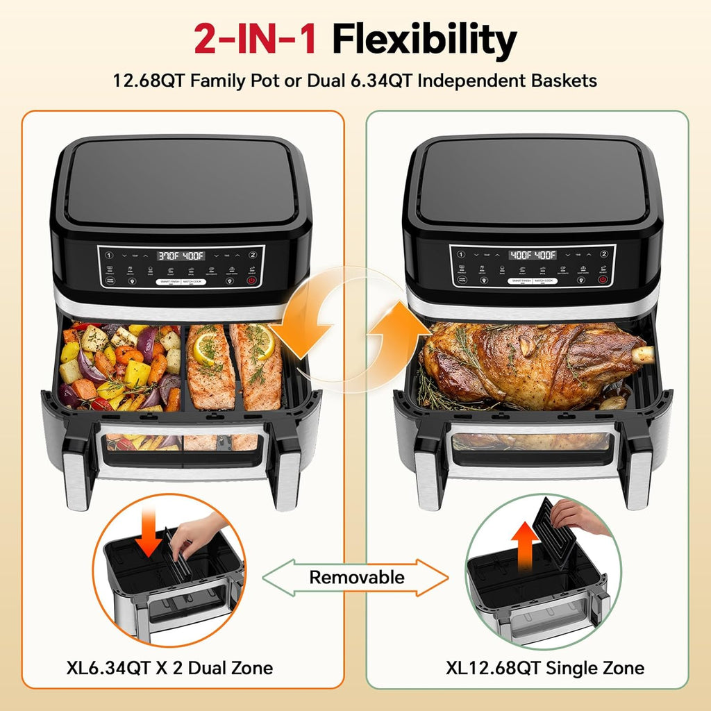 1600W Dual Zone Air Fryer Oven,12.69QT with Divider,Nonstick & Dishwasher-Safe Basket,Match Cook & Smart Finish to