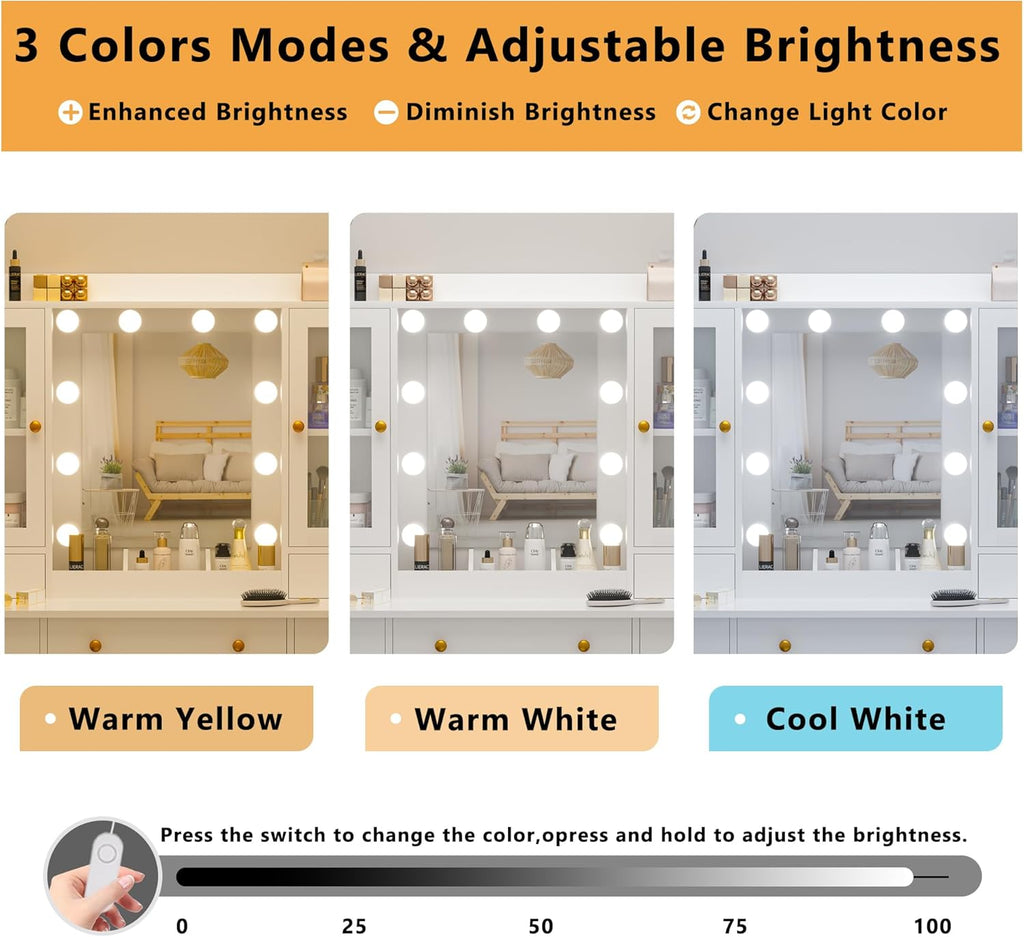 White Makeup Vanity Desk with Mirror and Lights, Smart RGB Light | Vanity Table with Charging Station & 7 Drawers