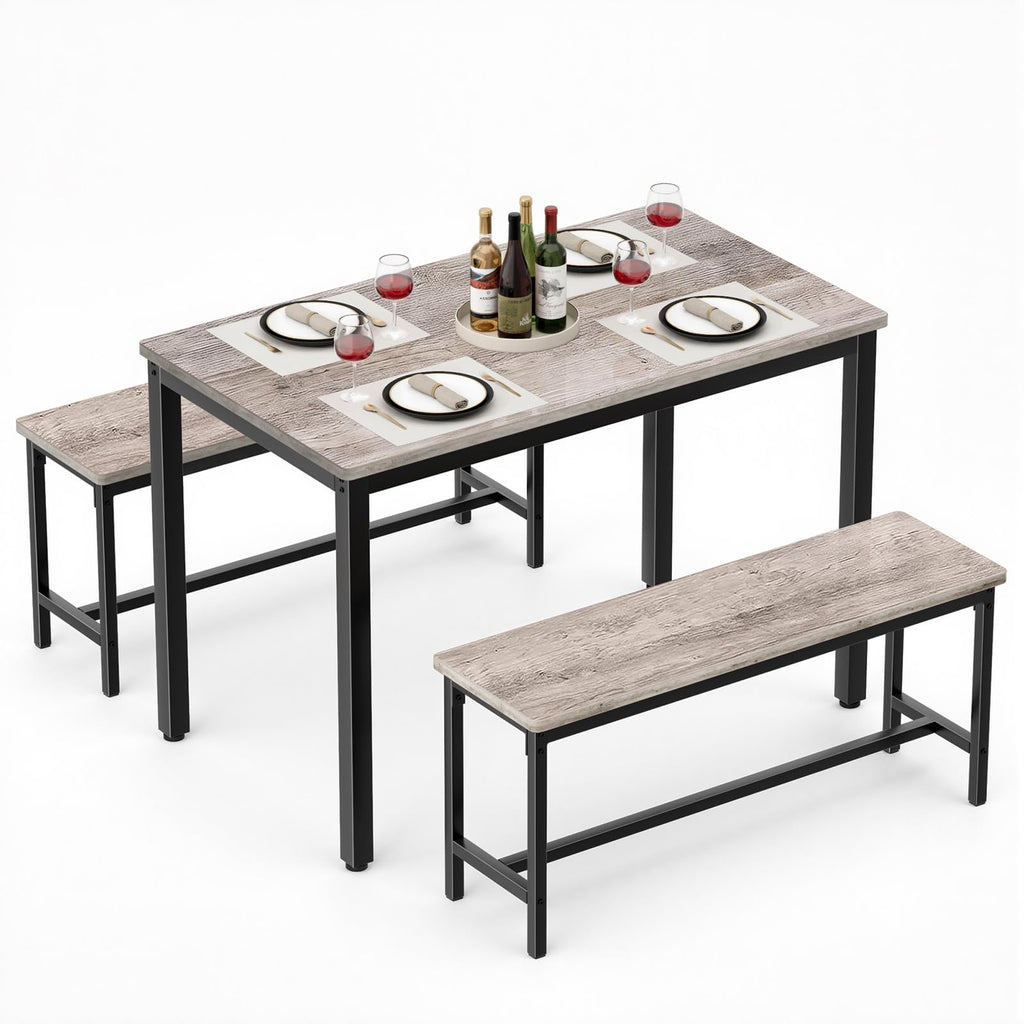 Dining Table Set for 4, 3 PCS Kitchen Table with 2 Benches, Dark Grey