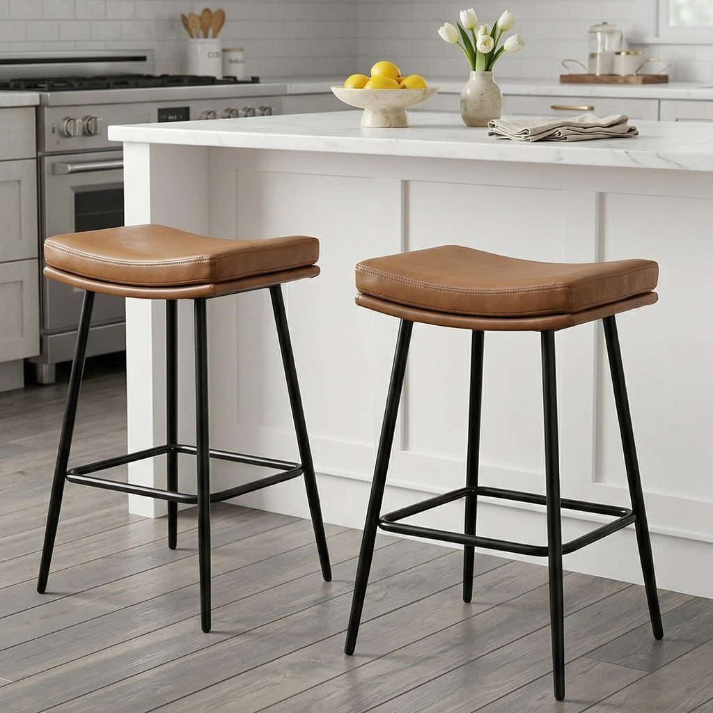Saddle Bar Stools Set of 3,Counter Height Bar Stools Counter Farmhouse Modern Faux Leather Barstools with Upholstered