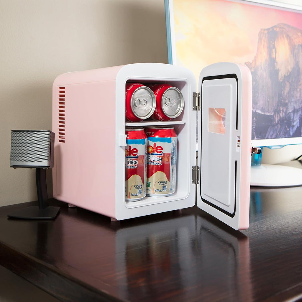 Mini Fridge - 6 Can Refrigerator for Bedroom Office, Portable Table Top Beverage Cooler, 12V 110V Refrigerador For