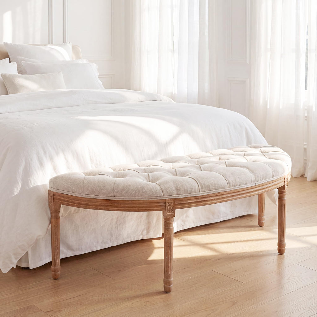 55" Button Tufted Semi-Circle Dining Bench Linen Halfmoon Entryway Bench Comfy Upholstered Bench Seat for Bay