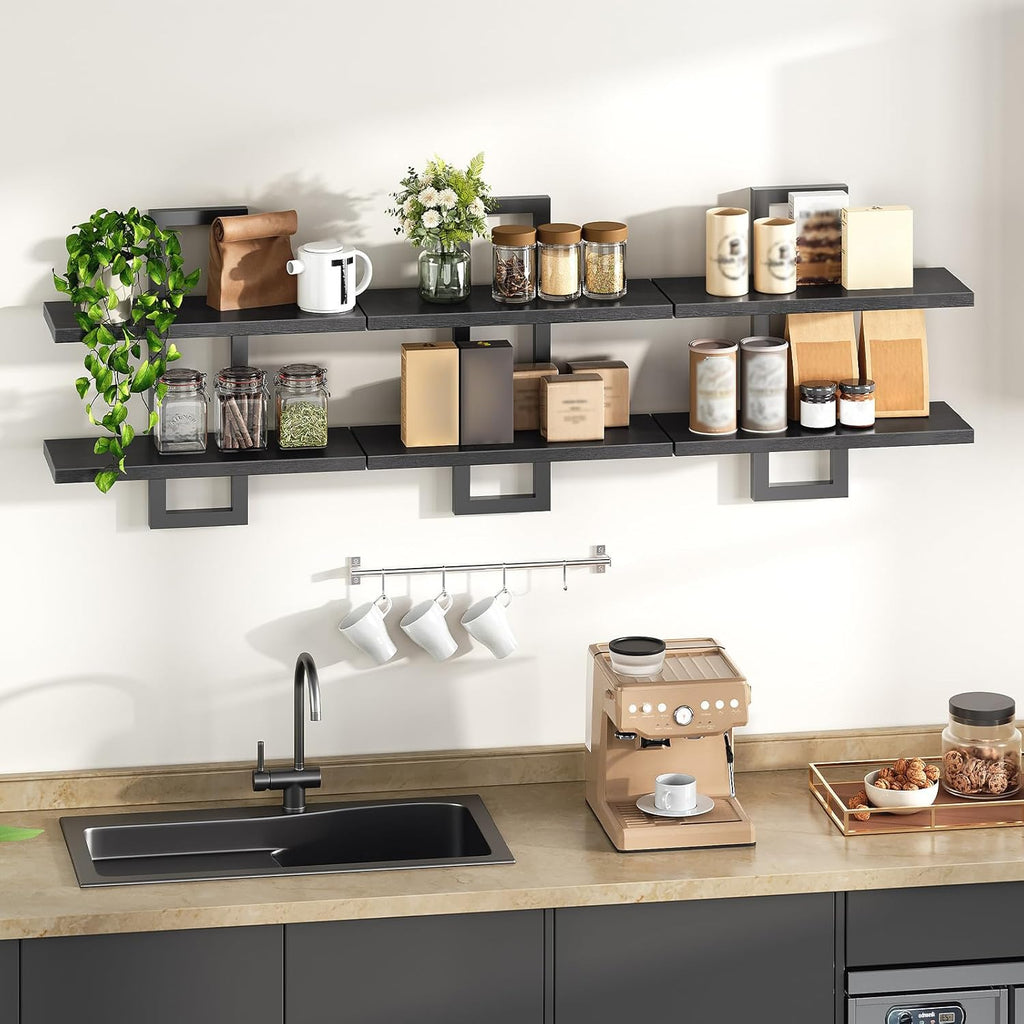 Floating Shelves, 15 Inch Wall Shelf Set of 3, Wall Mounted Storage Shelves 2-Tier, Hanging Bathroom Shelves, Black