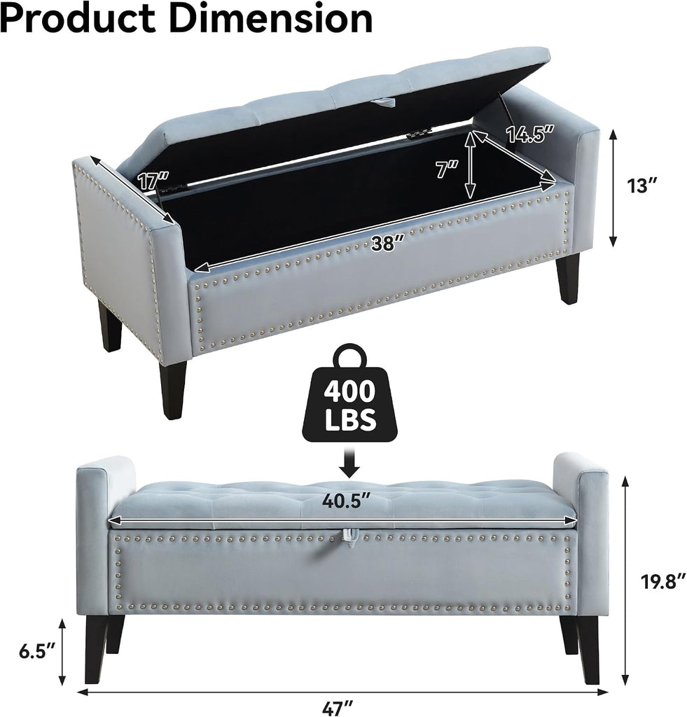 47" Velvet Storage Bench, Upholstered Bed Bench with Storage, End of Bed Ottoman with Wooden Legs,Bedside Storage