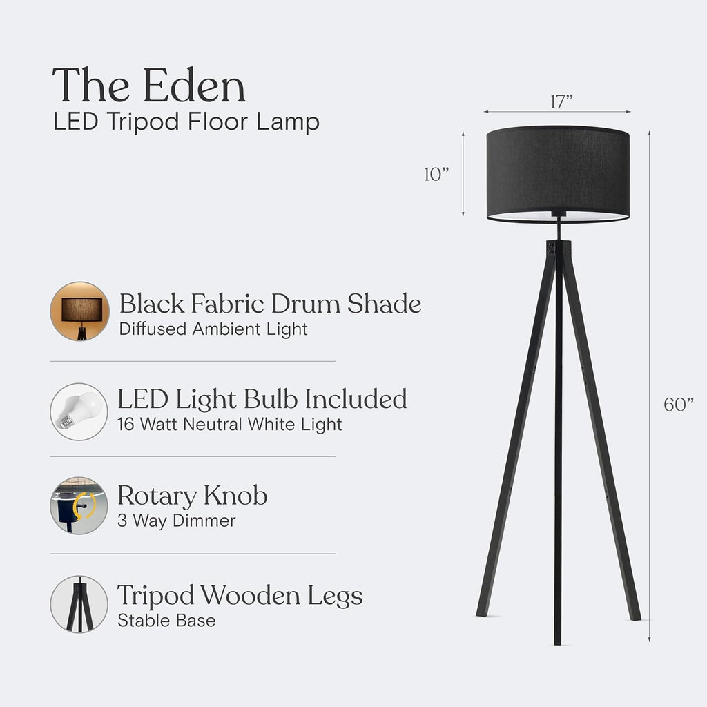 Eden Tripod LED Floor Lamp - Mid Century Dimmable Modern Light for Contemporary Living Rooms