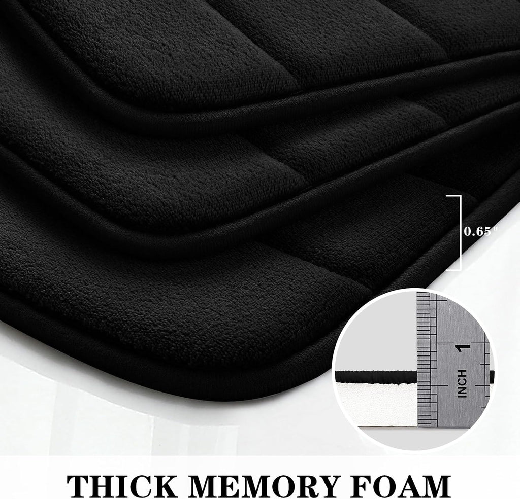 Black Memory Foam Bathroom Rug Set 3 Piece, Non Slip Extra Soft Absorbent Washable & Dry Toilet Bath Mat Sets