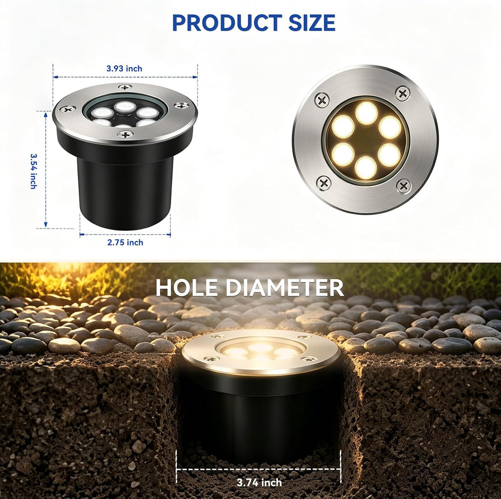Outdoor Landscape Lights, Low Voltage In Ground Well Lights, 6 Pack | 3000K Warm White, 6W LED, 12V/24V, IP67