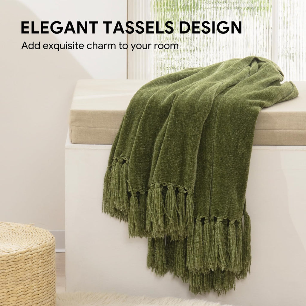 Throw Blanket Soft Cozy Chenille Throw Blanket with Fringe Tassel, 50'' x 60'')