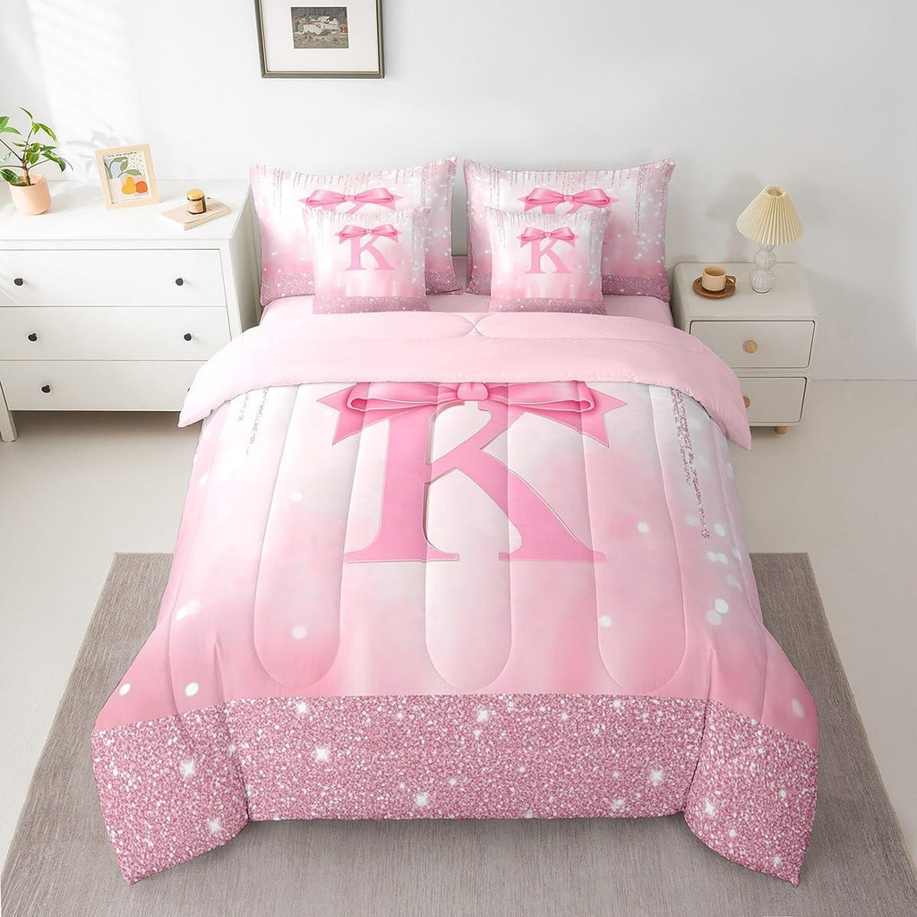 Kids Pink Bowknot 7 Pieces Bedding Set, Personalized Initial K Bed in A Bag Princess Glitter Comforter Set