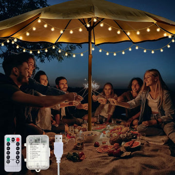 1 Pack 32 Feet Patio Umbrella Lights, 8 Lighting Modes LED String Lights with 64 Pcs Shatterproof Globe