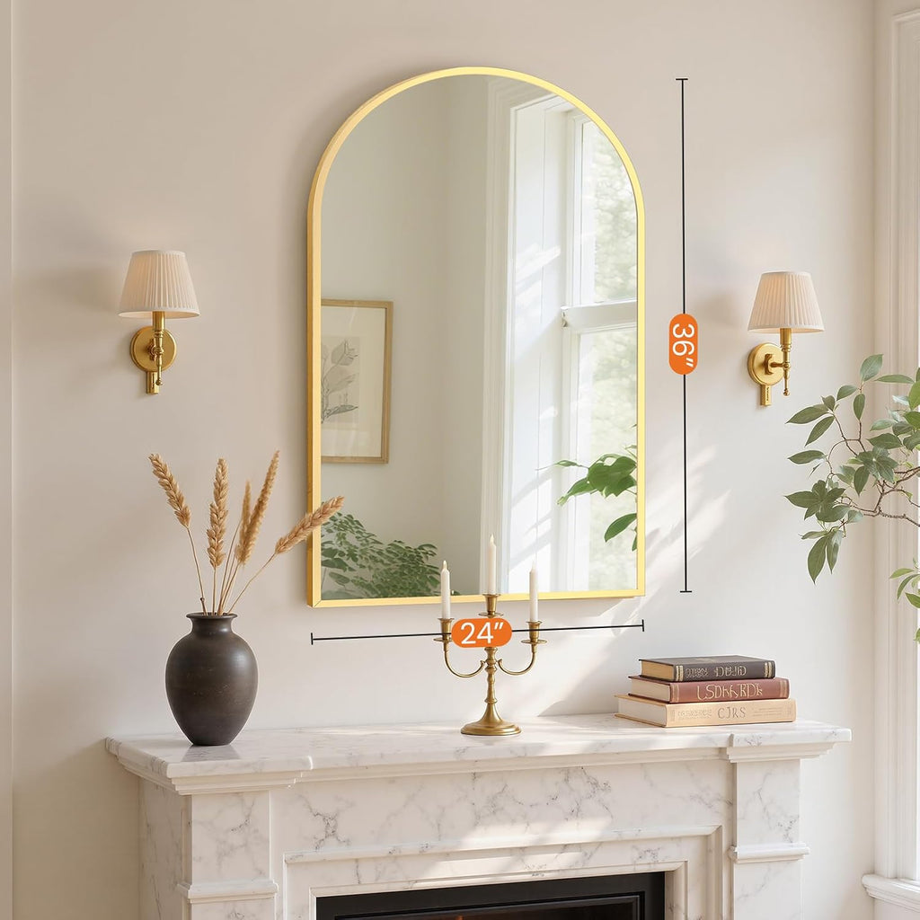 24"x36" Arched Gold Bathroom Mirror Wall Mounted Vanity Metal Frame Mirror