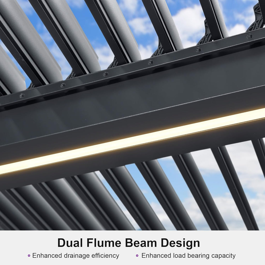 LED Louvered Pergola 94AS 10'x 14' Full Aluminum Frame and Adjustable Roof Integrated Strip Lights for Outdoor Deck