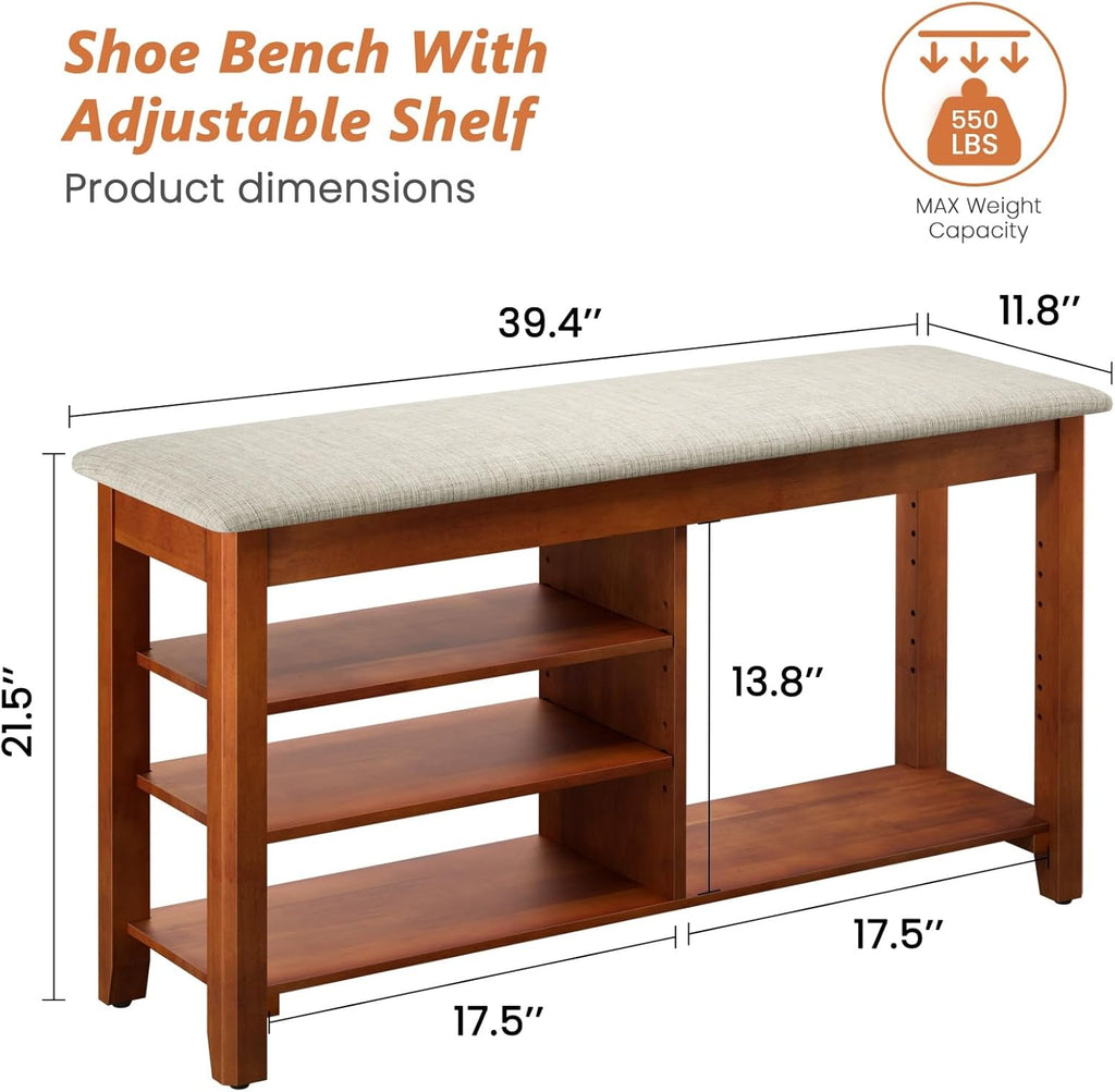 Shoe Rack Bench with Flip-Top Storage, Solid Wood Entryway Bench with Cushion, Adjustable Shelf, Shoe Organizer for
