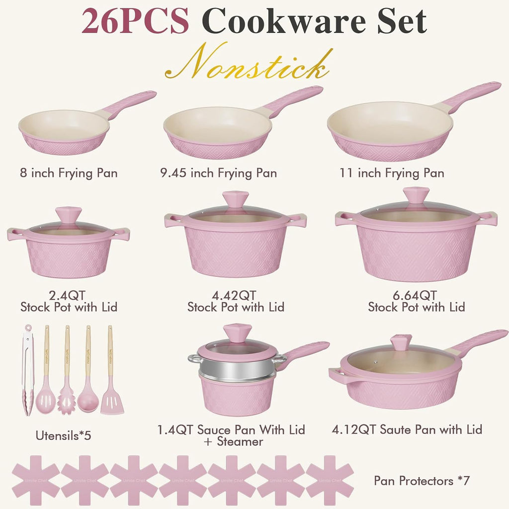 Pots and Pans Set Non Stick, 26PCS Nonstick Cookware Set, Induction Cook Ware, Includes Steamer & Silicone Utensils