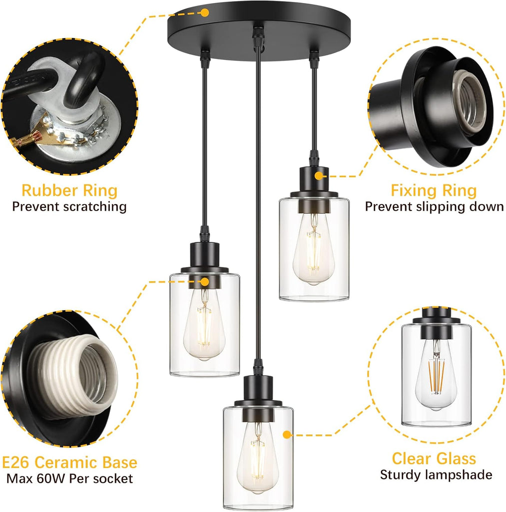Industrial 3-Light Pendant Light, Adjustable Hanging Light Fixture with Clear Glass Shade, Pendant Lighting E26 Base