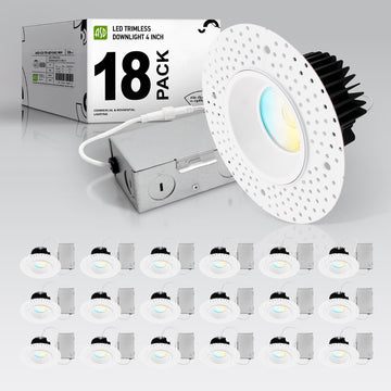 4 Inch Trimless LED Recessed Ceiling Light Fixture, Mud-in Canless Downlight with Junction Box, 5CCT 2700K-5000K, 15W