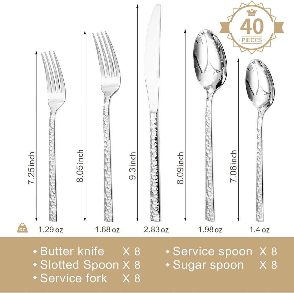 40-Piece Hammered Silverware Set, 18/10 Stainless Steel Flatware Set for 8, Cutlery Set