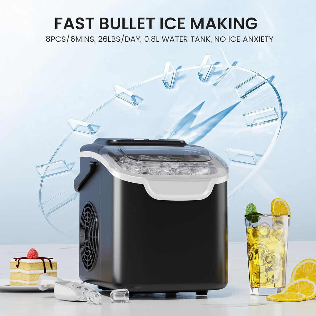 Countertop Ice Maker, 8 Cubes in 6 Mins, 26Lbs/Day Bullet Ice, Portable Ice Maker with 2 Sizes of Cubes