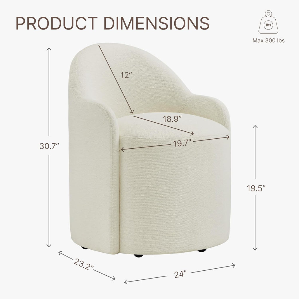 Upholstered Dining Chairs with Casters, No Assembly Modern Dining Room Chairs Accent Vanity Chair with 5 Wheels & Round Backrest for Bedroom, Living Room, Dressing, Linen Fabric, Set of 1