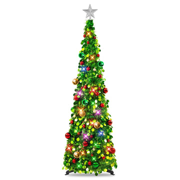 Pop Up with Lights & 30 Balls, 5Ft Collapsible Green Tinsel Decoration for Holiday Xmas Home Office Decor