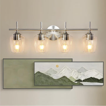 Bathroom Light Fixtures 4-Light Brushed Nickel Vanity Light | Win Glass Clear Shade, Modern Wall Lights Bedroom