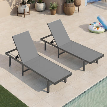 Outdoor Lounge Chairs Set of 2, Aluminum Pool Lounge Chairs with Wheels and 5-Position Recliner -Easy to Move- Patio