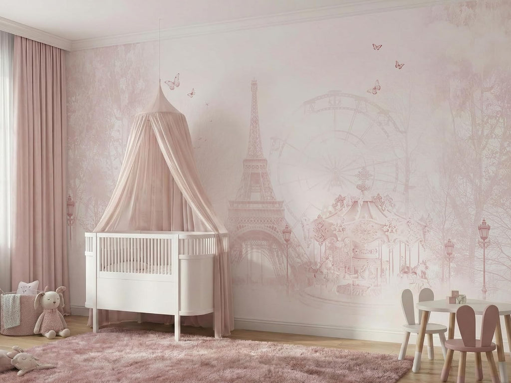 Girls Nursery Wall Murals: Pink Paris & Eiffel Tower Wallpaper | Parisian Carousel Theme, Peel & Stick or