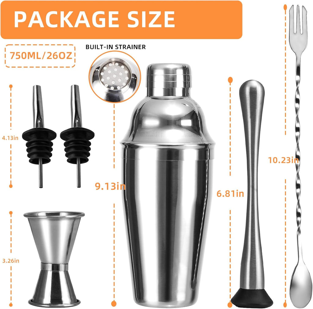 26oz Professional Cocktail Shaker Set with Built-in Strainer,Martini and Margarita Shaker Bar, Boston - Set of 6
