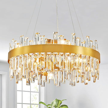 Modern Crystal Chandeliers, 10-Light Round Hanging Pendant Lighting Fixture for Dining Room, Living Room, Kitchen Island, Clear Crystals with Gold Frame, D23xW23xH19