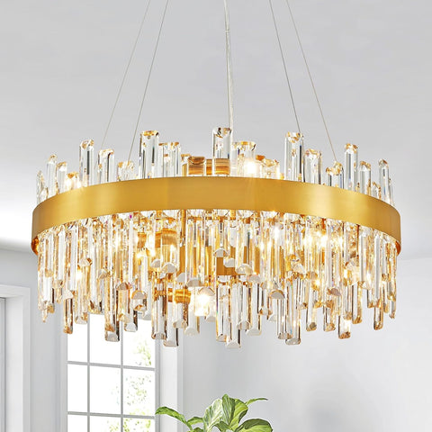 Modern Crystal Chandeliers, 10-Light Round Hanging Pendant Lighting Fixture for Dining Room, Living Room, Kitchen Island, Clear Crystals with Gold Frame, D23xW23xH19 A100-B0DSFB8R5K