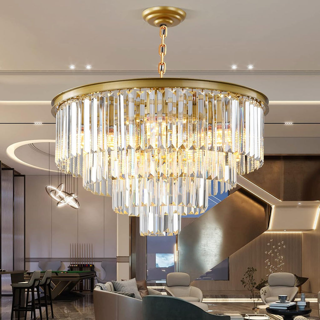 Gold Modern Crystal Chandelier, 4-Tier Round Flush Mount Ceiling Light Fixtures Height Adjustable Pendant Lighting