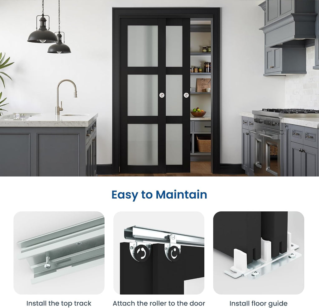 Sliding Closet Door for 72" x 80" Opening, 3-Lite Frosted Glass MDF Barn Door with Hardware Kit Set,