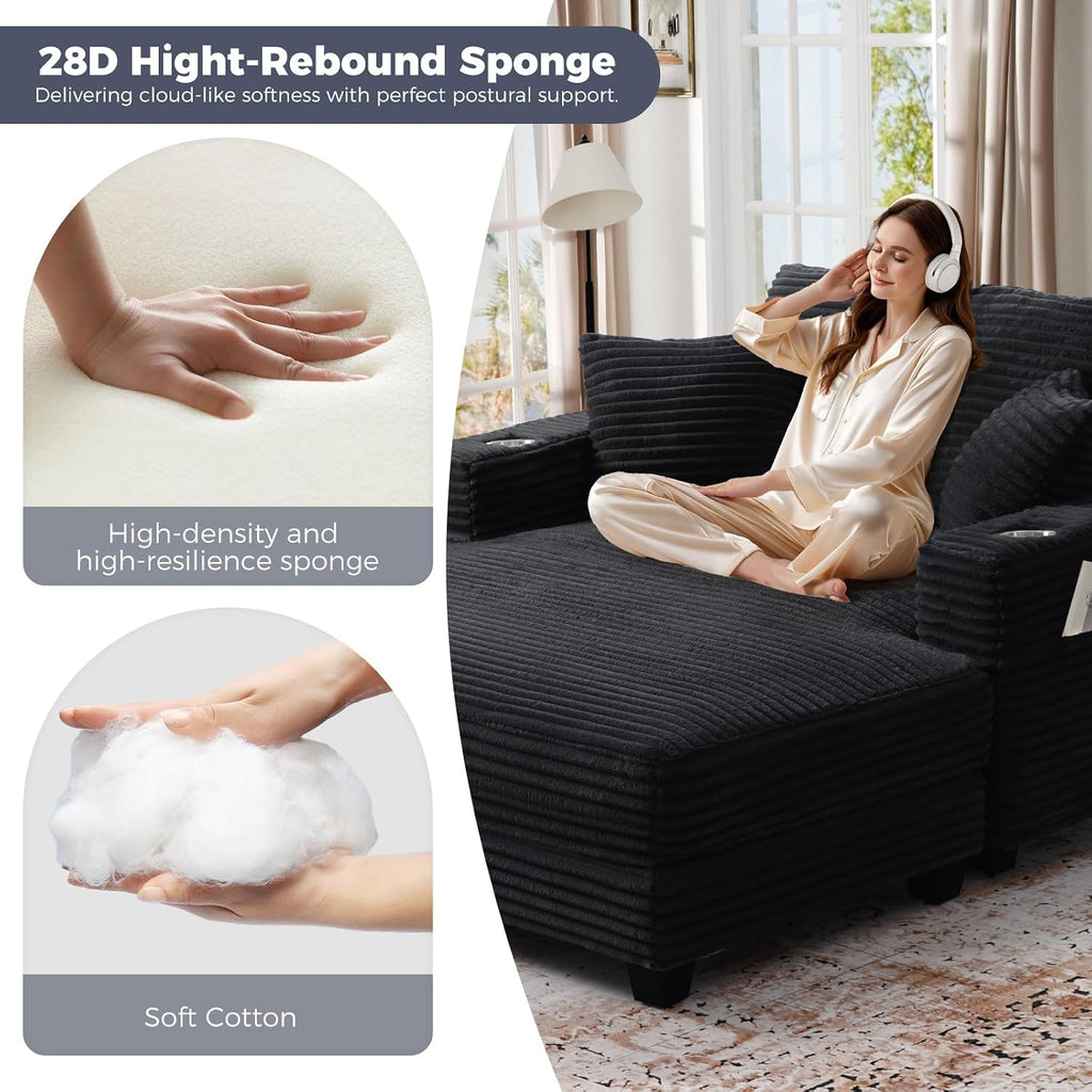 60" Chaise Lounge Chair Indoor, Wood Frame, Black | Oversized Sofa Bed, USB Port and 2 Cup Holders, Comfy Plush Faux