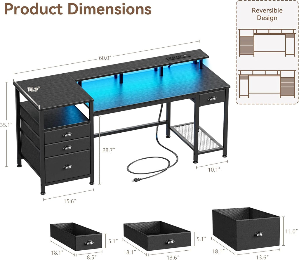 60" Black Computer Desk with 4 Drawers and Printer Space, Gaming Desk with LED Lights and USB Power Outlets