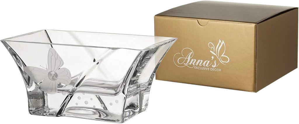 Elegant Small Hand Blown Glass Bowl - Decorated with Premium Crystal and Etched Butterfly - Unleaded Glass - Small