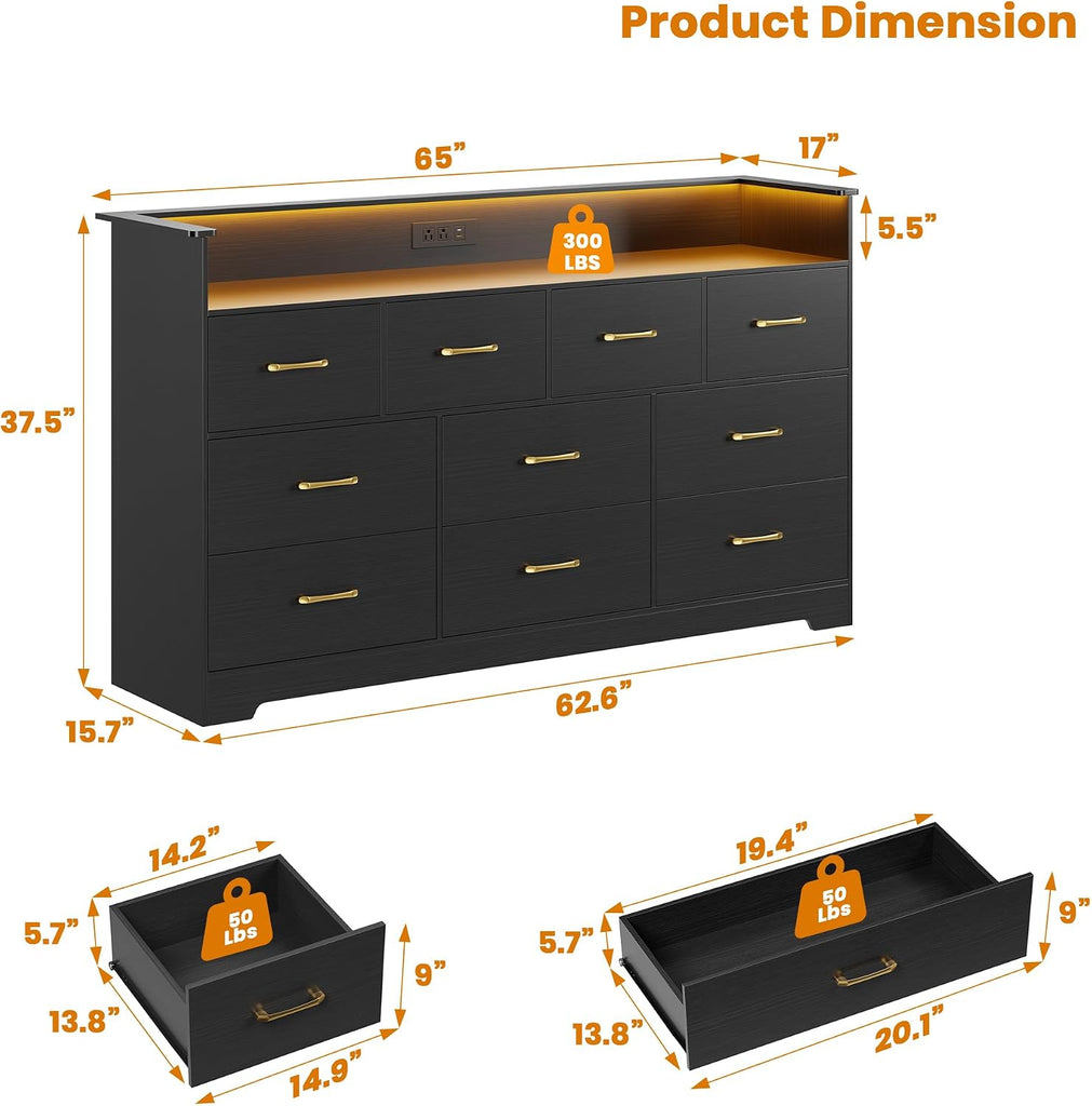 10 Drawer Dresser - 65'' Wide Chest of Drawers with LED Light and Charging Station, Modern Large TV Stand Cabinet