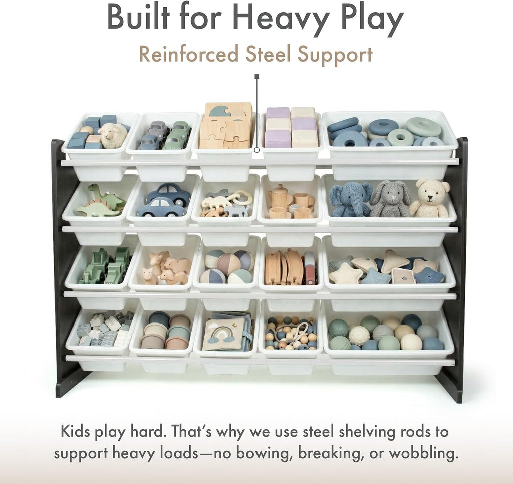 Kids Toy Organizer with 20 Bins, 4 Tier Storage | Sturdy wood and steel toddler shelf, removable BPA-free containers